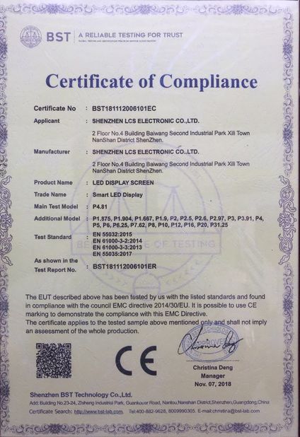Porcellana Shenzhen LCS Display Technology Company., Ltd Certificazioni